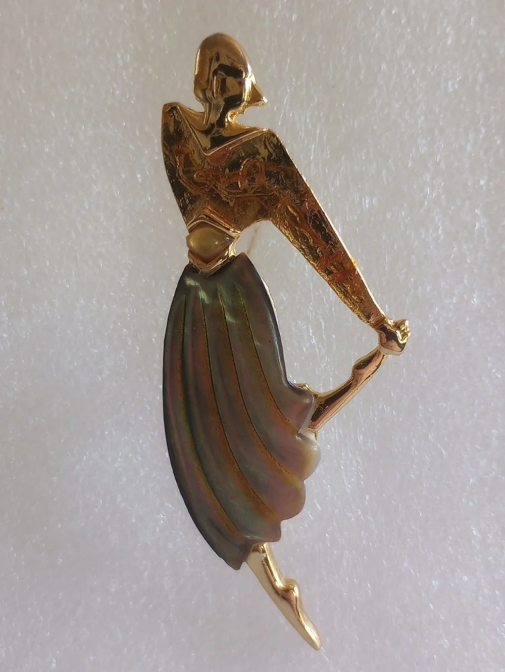 Art Deco  Figural Dancing Woman Brooch Faux Shell  Green Skirt